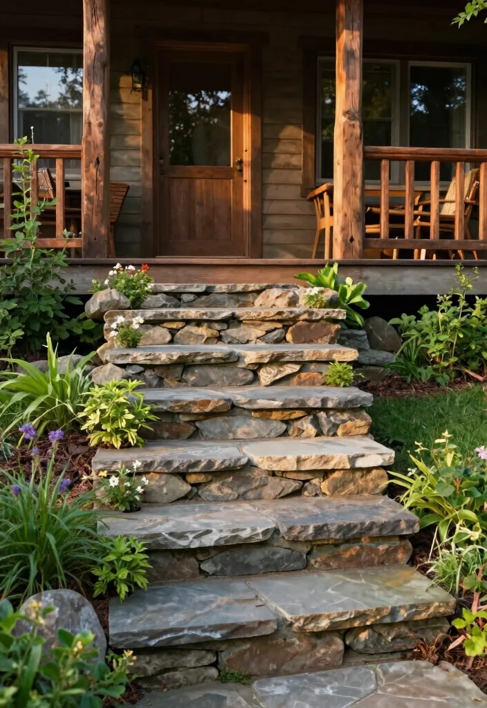12 Front Porch Steps Ideas Entrance with Polished Look 2. Stone Stacked Steps for a Natural Look 0