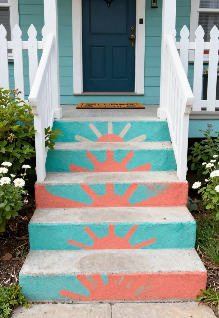 12 Front Porch Steps Ideas Entrance with Polished Look 3. Painted Concrete Steps with Stencils 0
