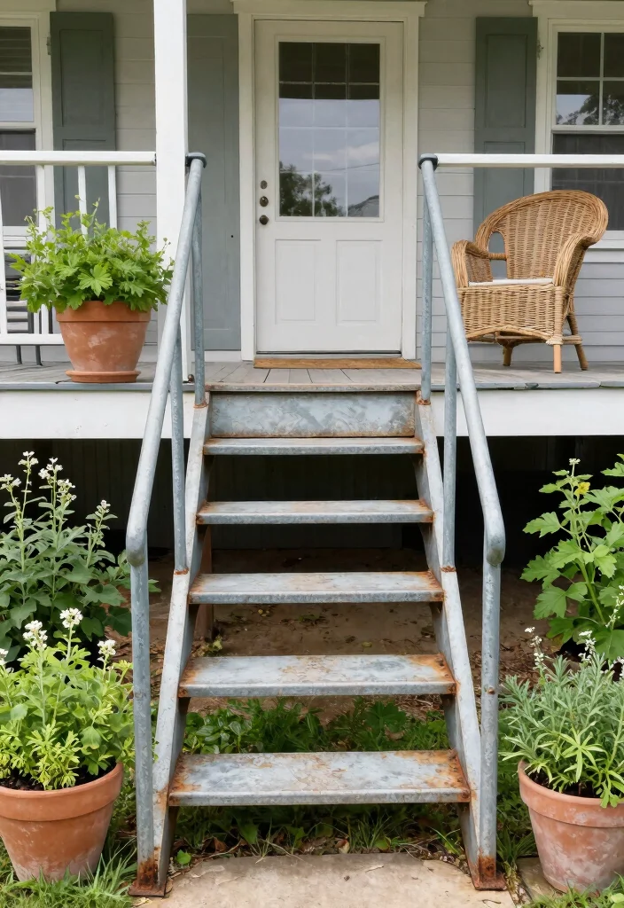 12 Front Porch Steps Ideas Entrance with Polished Look 5. Vintage Metal Staircase for Industrial Charm 0