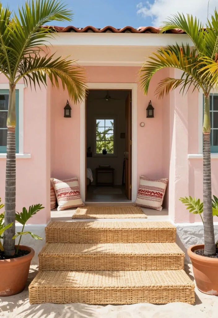 12 Front Porch Steps Ideas Entrance with Polished Look 6. Woven Rattan Steps for a Beachy Vibe 0
