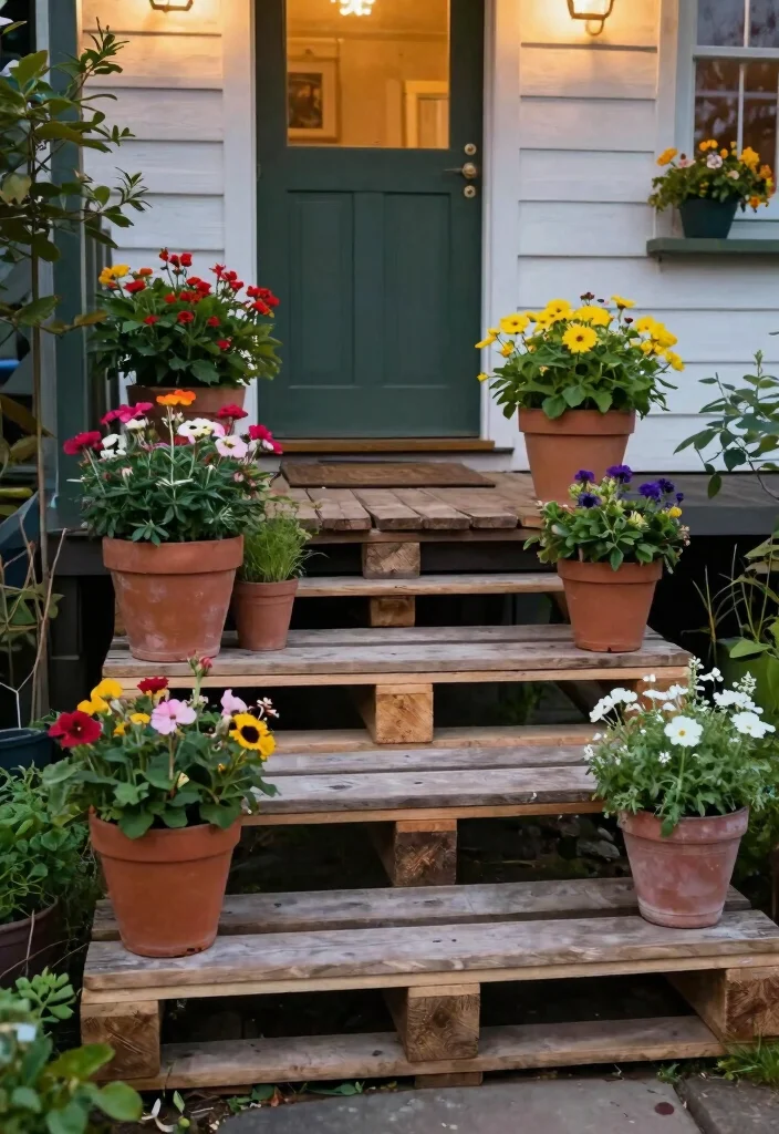 12 Front Porch Steps Ideas Entrance with Polished Look 8. Upcycled Wood Pallet Steps for Eco Friendly Charm 0