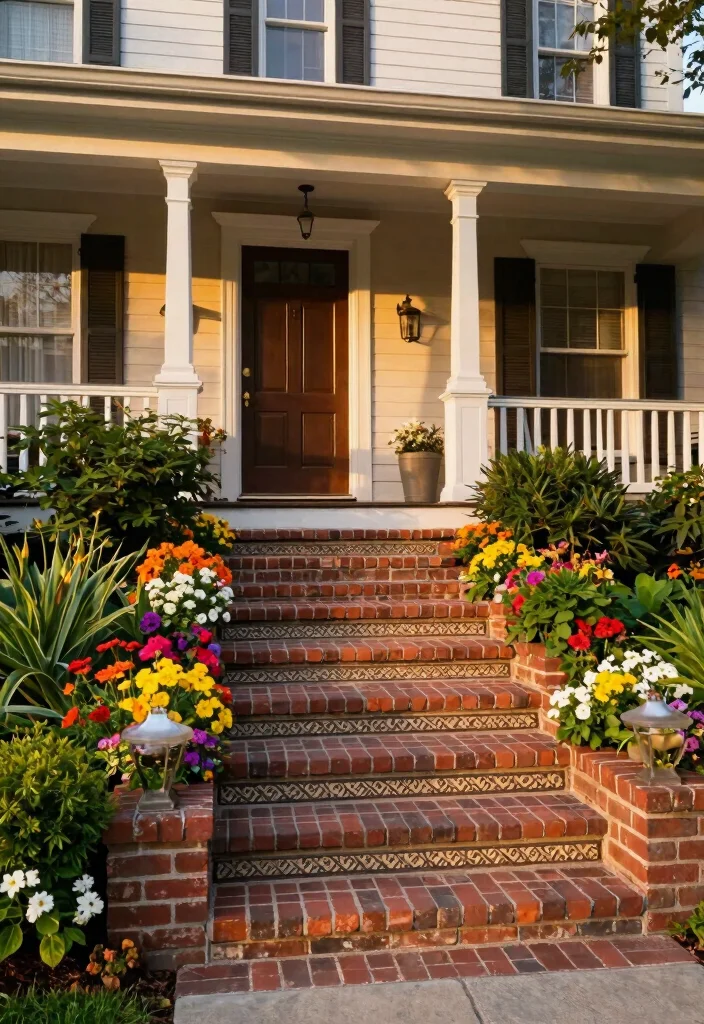 12 Front Porch Steps Ideas Entrance with Polished Look 9. Brick Steps with Decorative Borders 0