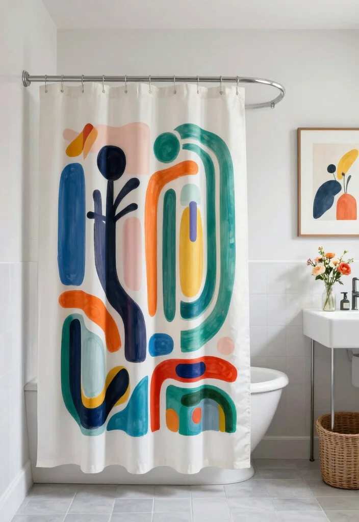 12 Long Shower Curtain Ideas for Spa Like Bathroom Vibes 11. Artistic Inspiration 0