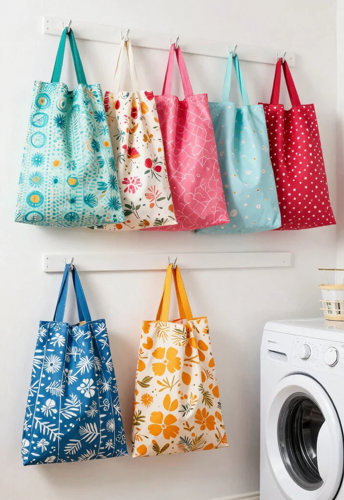 12 Mini Laundry Room Ideas for Apartments and Small Homes 7. Colorful and Decorative Laundry Bags 0