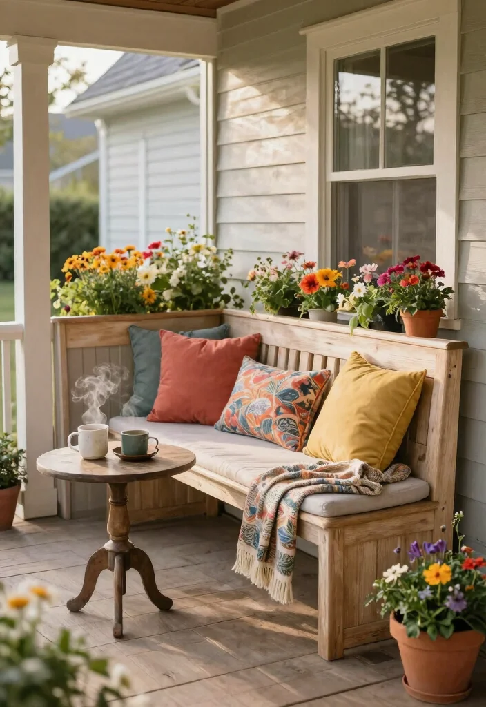 12 Narrow Front Porch Ideas That Use Space Wisely 2. Built in Bench Seating 0