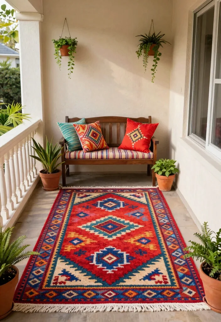 12 Narrow Front Porch Ideas That Use Space Wisely 3. Creative Floor Rugs 0
