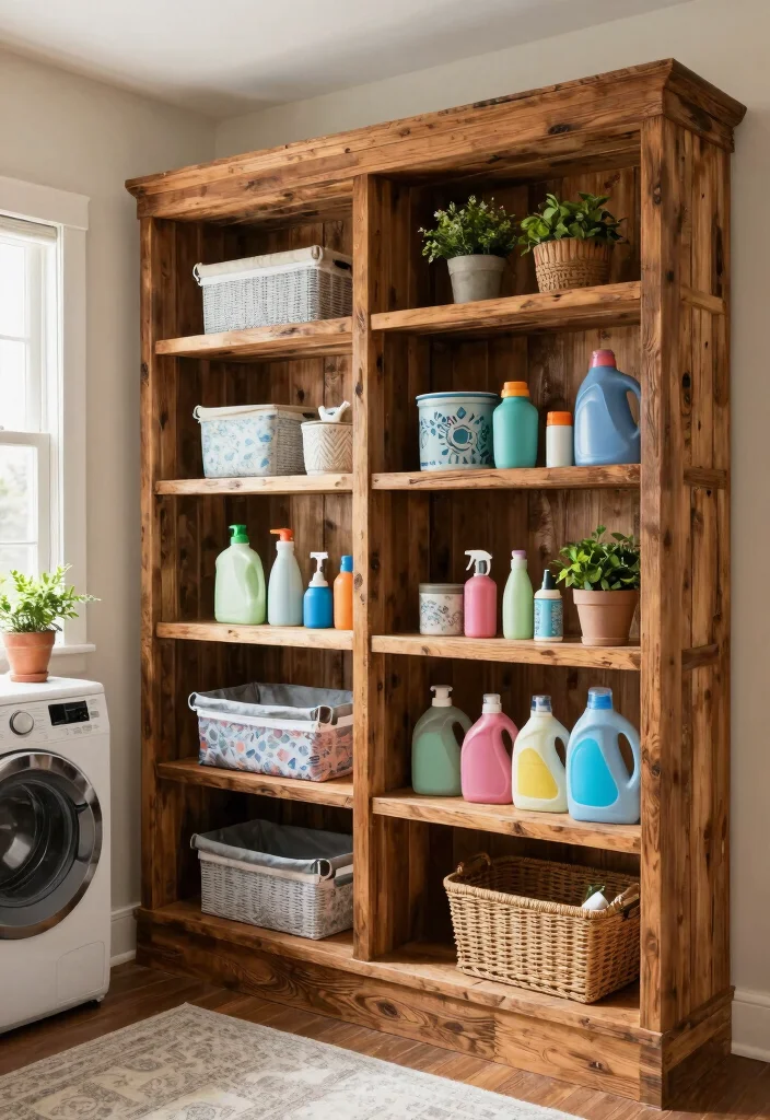 12 Rustic Laundry Room Ideas with Warm Natural Texture 10. Open Concept Shelving 0