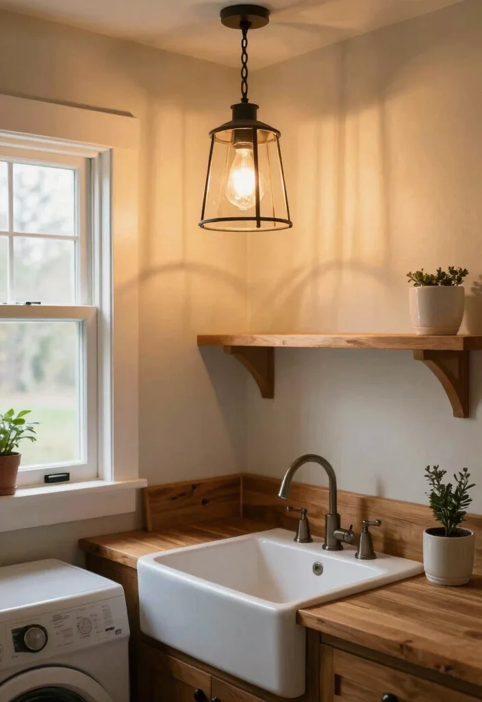 12 Rustic Laundry Room Ideas with Warm Natural Texture 11. Charming Lighting Fixtures 0