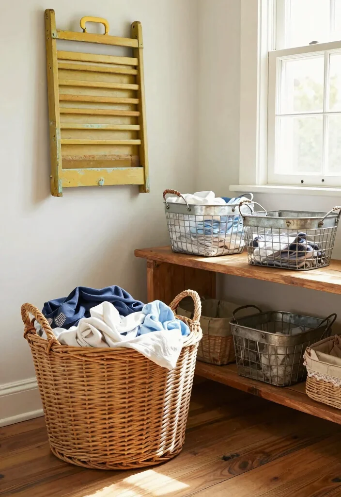 12 Rustic Laundry Room Ideas with Warm Natural Texture 2. Vintage Laundry Baskets 0