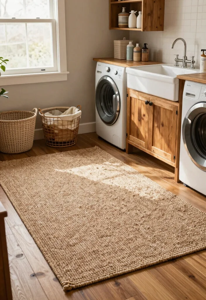 12 Rustic Laundry Room Ideas with Warm Natural Texture 4. Natural Fiber Rugs 0