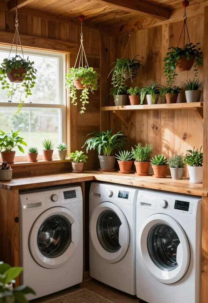 12 Rustic Laundry Room Ideas with Warm Natural Texture 8. Greenery and Plants 0