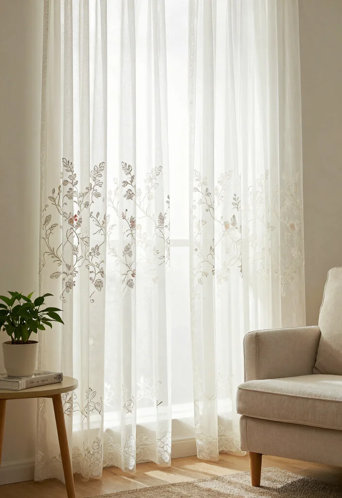 12 Voile Curtain Ideas for Light Airy and Dreamy Rooms 8. Voile Curtains with Embroidery 0