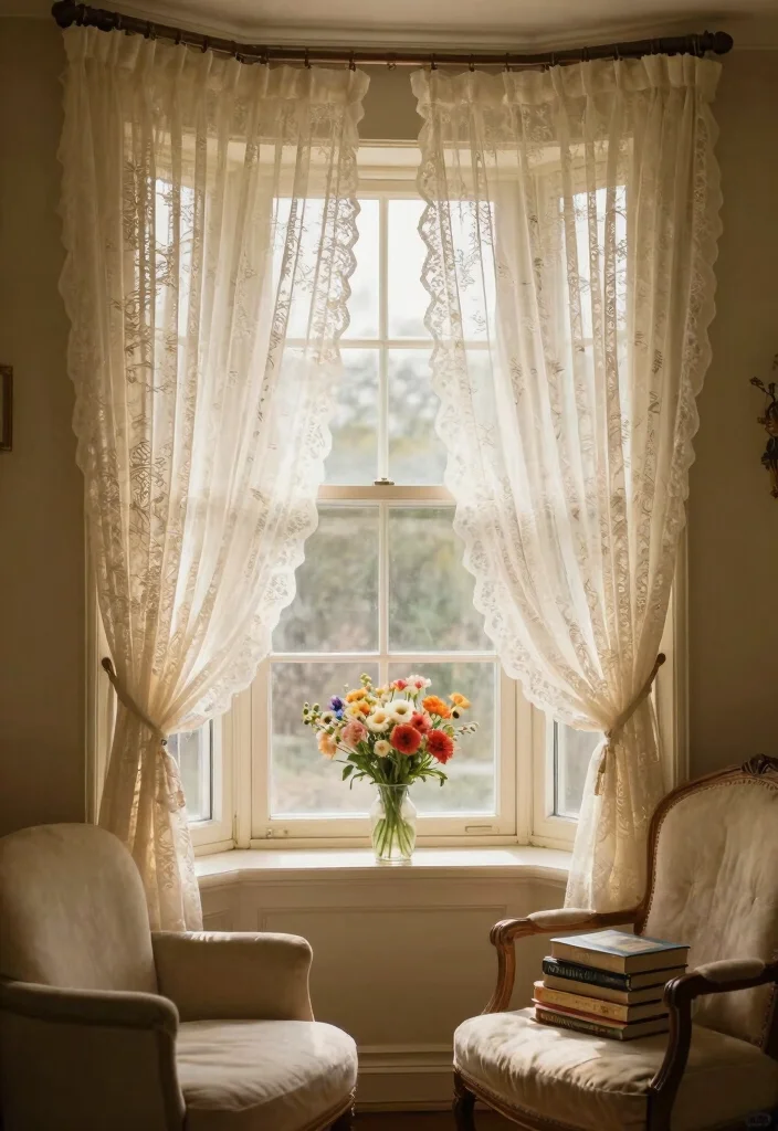 14 Bay Window Curtain Ideas That Frame Views Beautifully 11. Vintage Lace Curtains 0