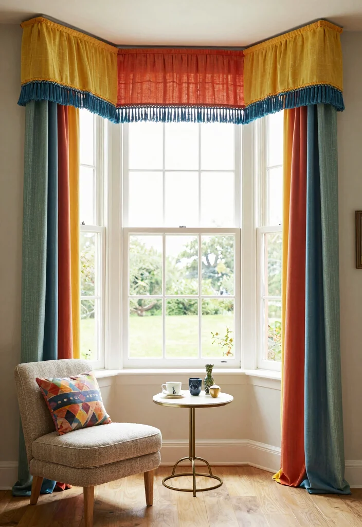 14 Bay Window Curtain Ideas That Frame Views Beautifully 13. Colorful Tasseled Panels 0