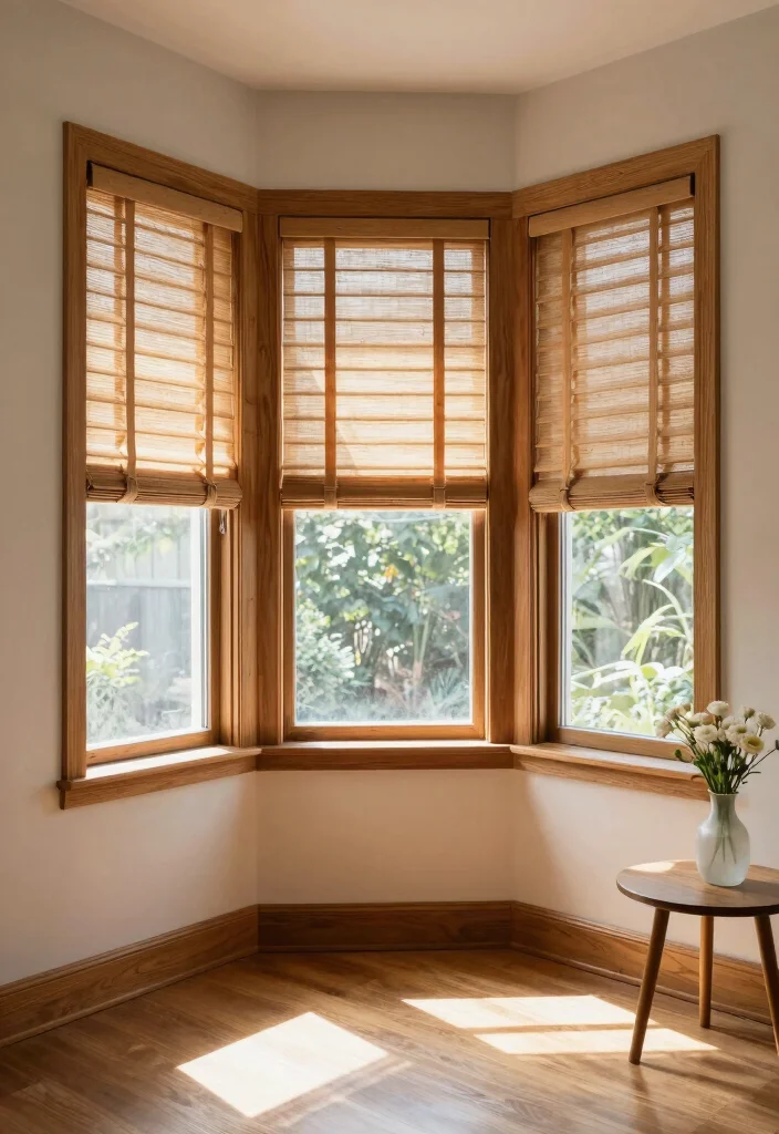 14 Bay Window Curtain Ideas That Frame Views Beautifully 5. Natural Wood Shades 0