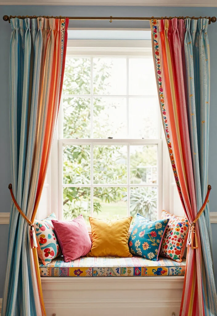 14 Bay Window Curtain Ideas That Frame Views Beautifully 7. Eclectic Mix of Textiles 0