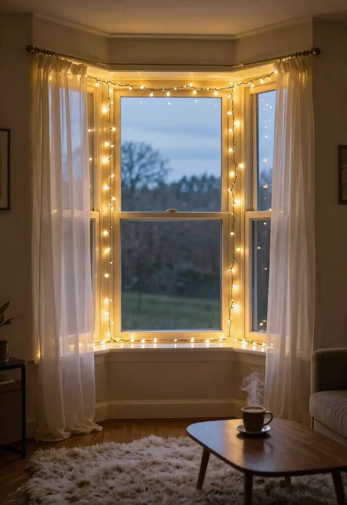14 Bay Window Curtain Ideas That Frame Views Beautifully 9. Whimsical Fairy Lights 0