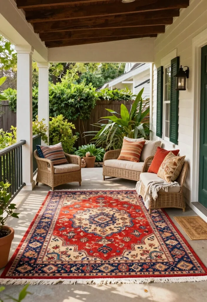 14 Covered Front Porch Ideas for Year Round Comfort 9. Unique Outdoor Rugs 0
