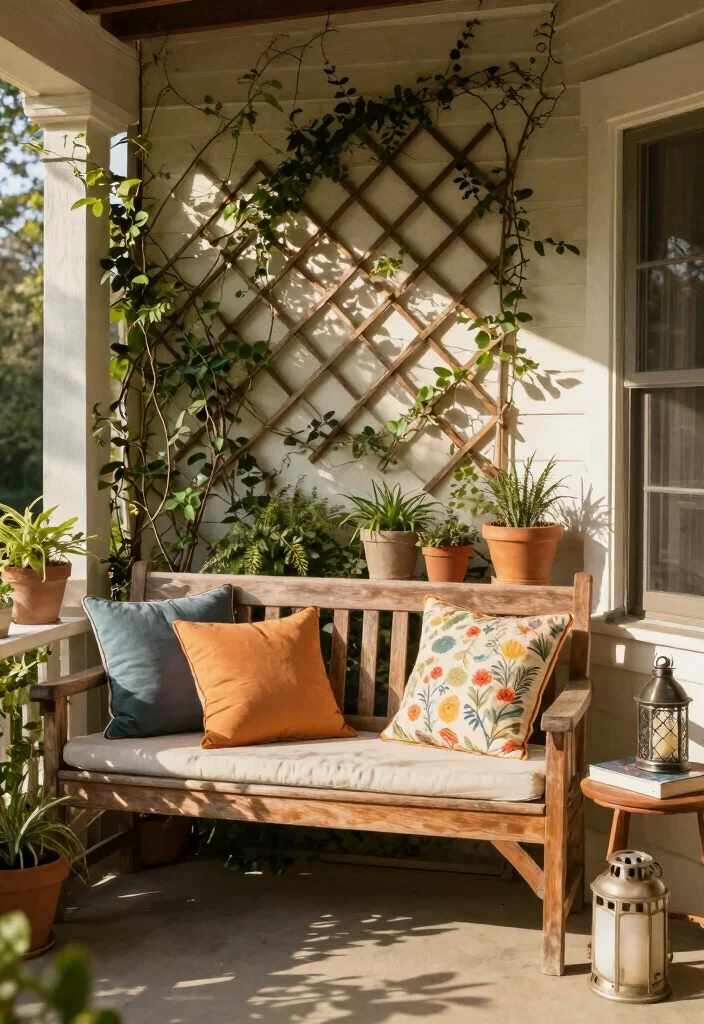 14 Cozy Front Porch Ideas for Morning Coffee and Evenings 1. Rustic Wooden Bench 0