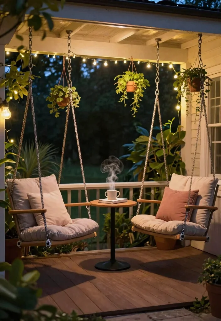 14 Cozy Front Porch Ideas for Morning Coffee and Evenings 2. Cozy Nook with Swing Chairs 0