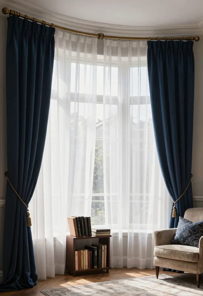 14 Curtain Ideas for Bay Windows with a Polished Finish 1. Layered Sheer and Heavy Drapes 0