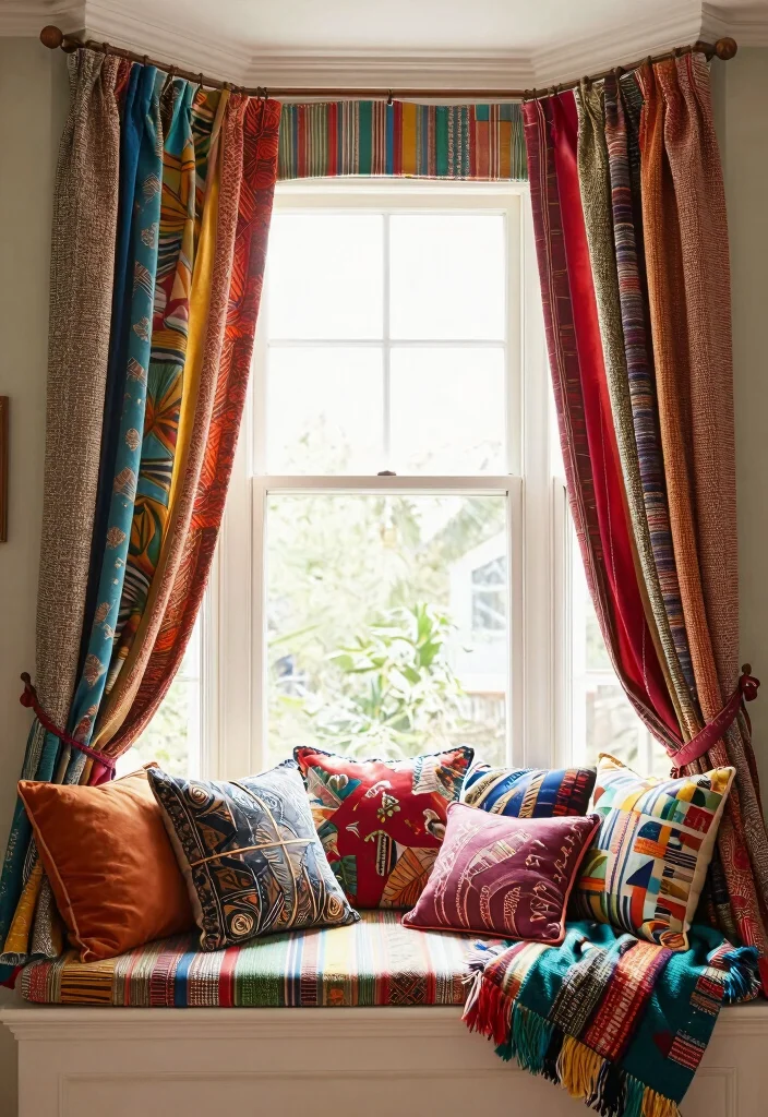 14 Curtain Ideas for Bay Windows with a Polished Finish 14. Eclectic Mix of Textiles 0