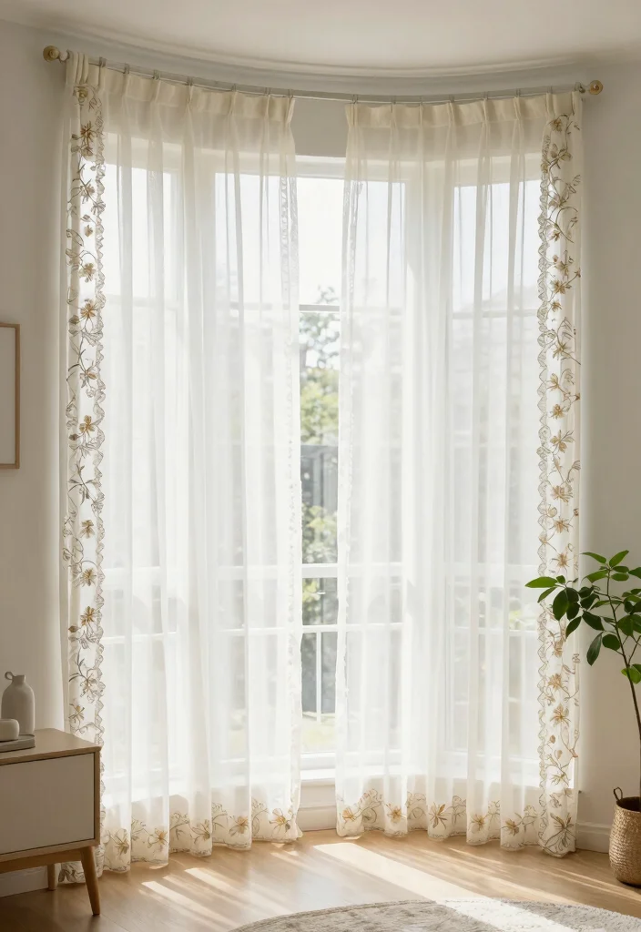14 Curtain Ideas for Bay Windows with a Polished Finish 8. Sheer Panels with Patterned Borders 0