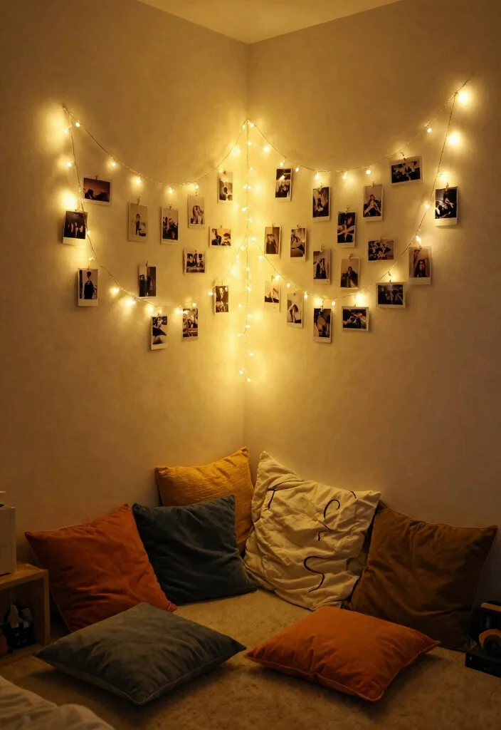 14 Cute Dorm Room Ideas That Feel Fun and Personal 14 14 Cute Dorm Room Ideas That Feel Fun and Personal 4. Personalized Decor with String Lights 0