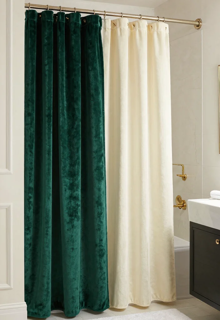 14 Double Shower Curtain Ideas for a Polished Layered Look 64 14 Double Shower Curtain Ideas for a Polished Layered Look 14. Textured Velvet Elegance 0