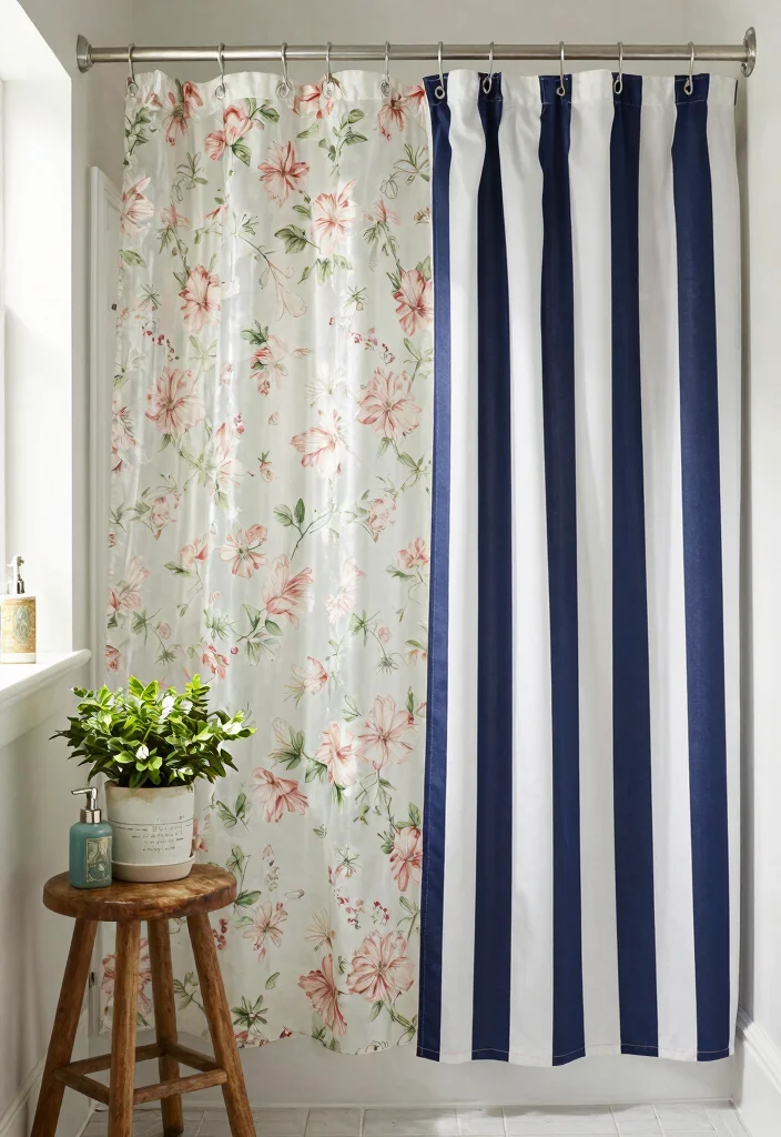 14 Double Shower Curtain Ideas for a Polished Layered Look 35 14 Double Shower Curtain Ideas for a Polished Layered Look 5. Vintage Floral Modern Stripes 0