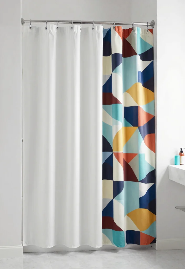 14 Double Shower Curtain Ideas for a Polished Layered Look 36 14 Double Shower Curtain Ideas for a Polished Layered Look 6. Geo Patterns with Solid Textures 0