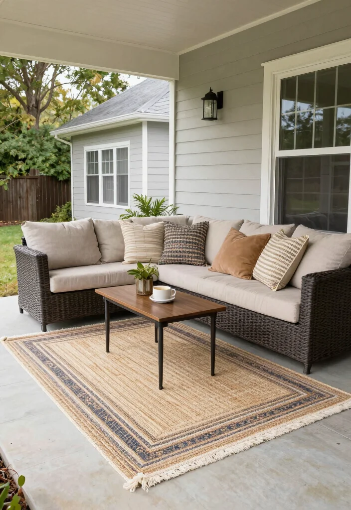 14 Double Wide Front Porch Ideas for Relaxed Outdoor Living 9. Outdoor Rugs 0