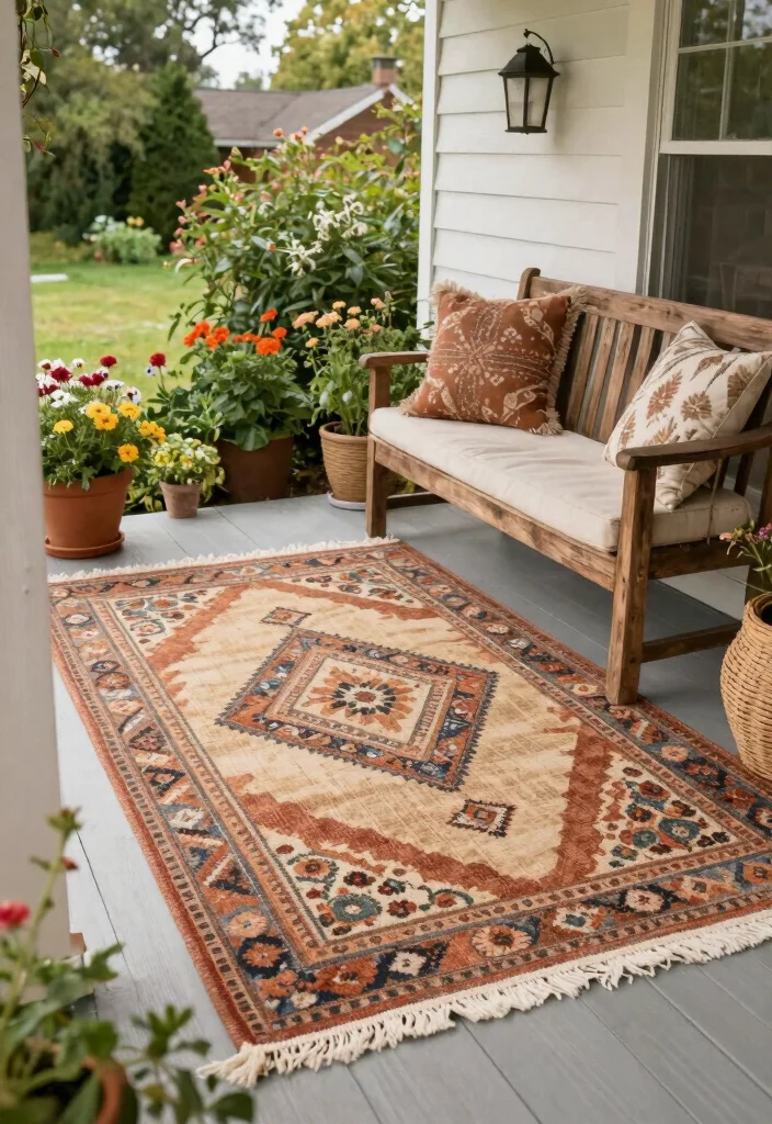 14 Farmhouse Front Porch Ideas with Rustic Personality 52 14 Farmhouse Front Porch Ideas with Rustic Personality 12. Charming Rugs to Define Spaces 0