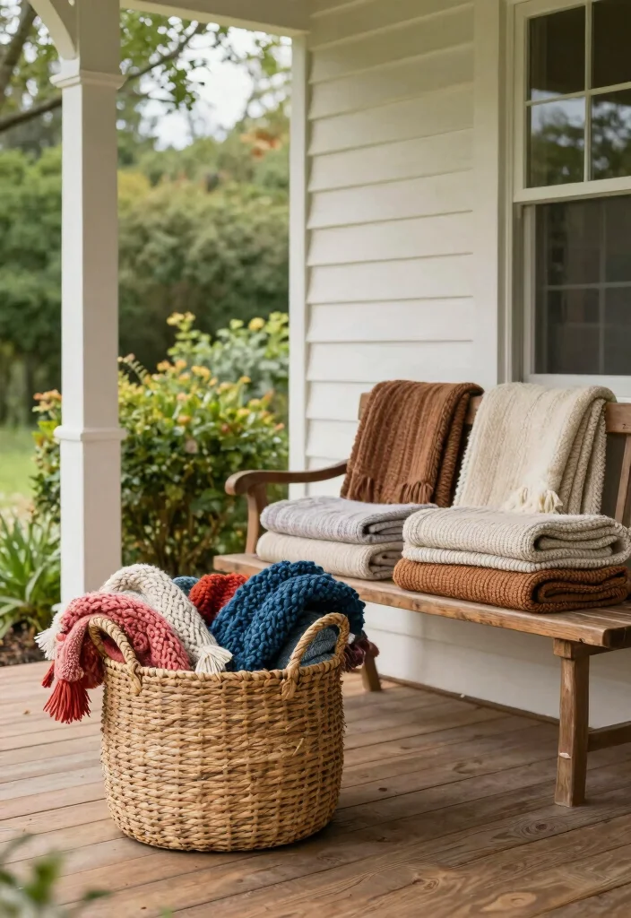 14 Farmhouse Front Porch Ideas with Rustic Personality 15 14 Farmhouse Front Porch Ideas with Rustic Personality 5. Cozy Throw Blankets for Warmth 0
