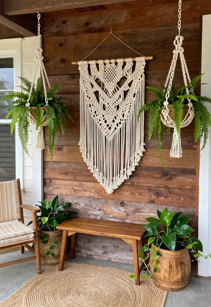 14 Farmhouse Front Porch Ideas with Rustic Personality 16 14 Farmhouse Front Porch Ideas with Rustic Personality 6. Bohemian Touches with Macrame 0