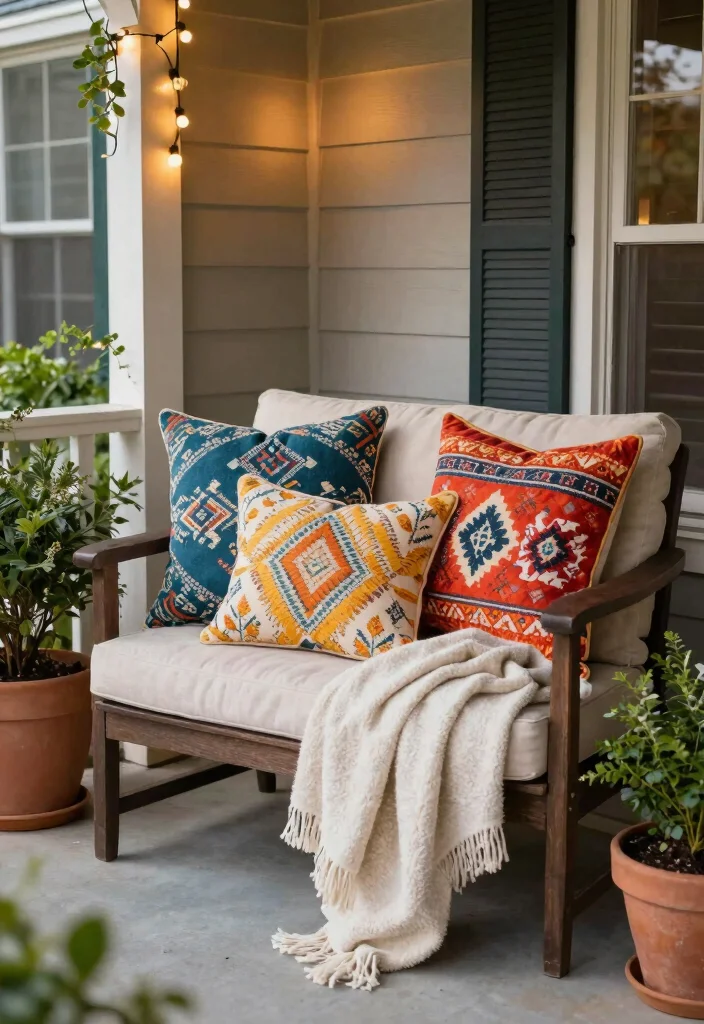 14 Front Porch Decor Ideas to Refresh Your Home Exterior 7. Decorative Pillows and Throws 0