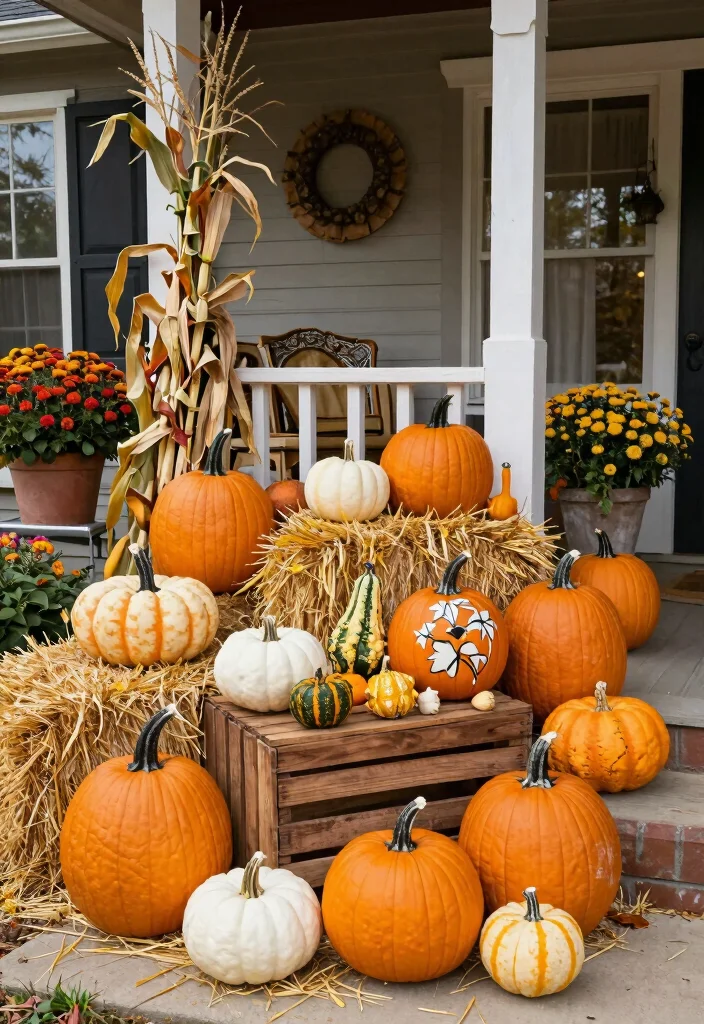 14 Front Porch Fall Decorating Ideas with Warm Seasonal Vibes 2. Rustic Pumpkin Displays 0