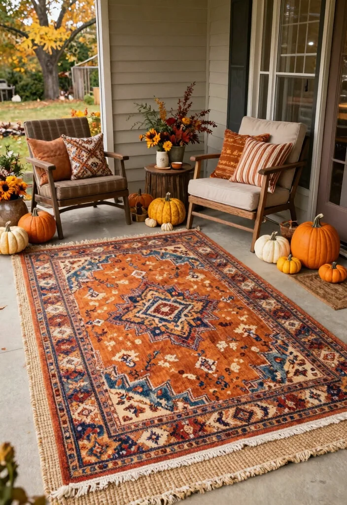 14 Front Porch Fall Decorating Ideas with Warm Seasonal Vibes 5. Layered Rugs 0