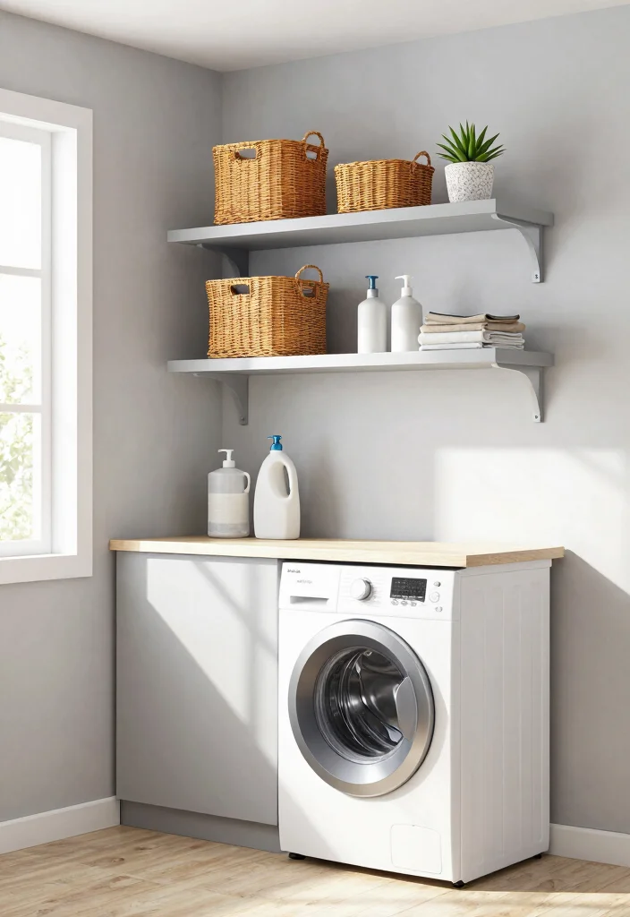 14 Laundry Room Cabinet Ideas for Hidden Storage 1. Floating Shelves for Open Space 0