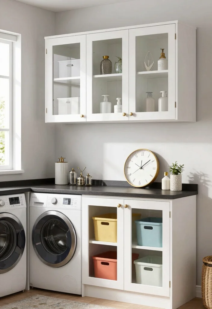 14 Laundry Room Cabinet Ideas for Hidden Storage 12. Transparent Glass Cabinet Doors 0