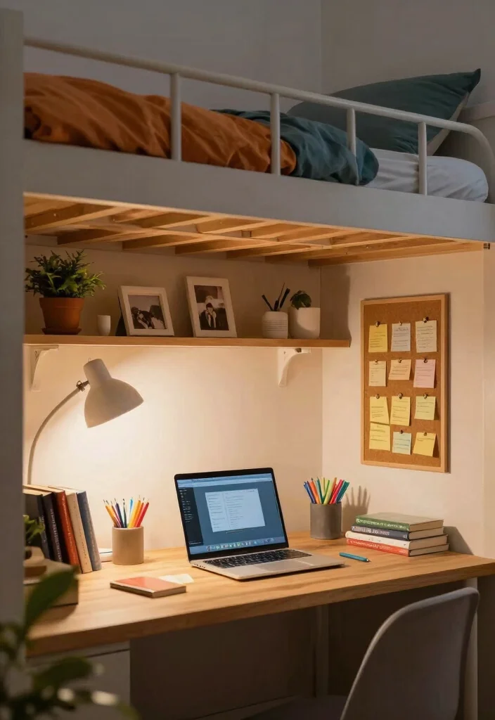 14 Lofted Bed Dorm Room Ideas That Feel Open and Functional 1. Elevated Workspace Under the Loft 0