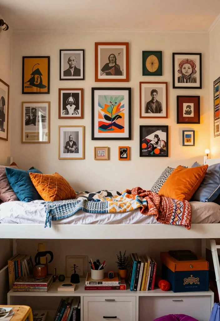 14 Lofted Bed Dorm Room Ideas That Feel Open and Functional 10. Personalized Gallery Wall 0