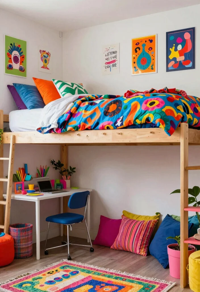 14 Lofted Bed Dorm Room Ideas That Feel Open and Functional 5. Vibrant Color Schemes 0