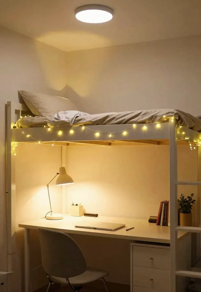 14 Lofted Bed Dorm Room Ideas That Feel Open and Functional 8. Layered Lighting Effects 0