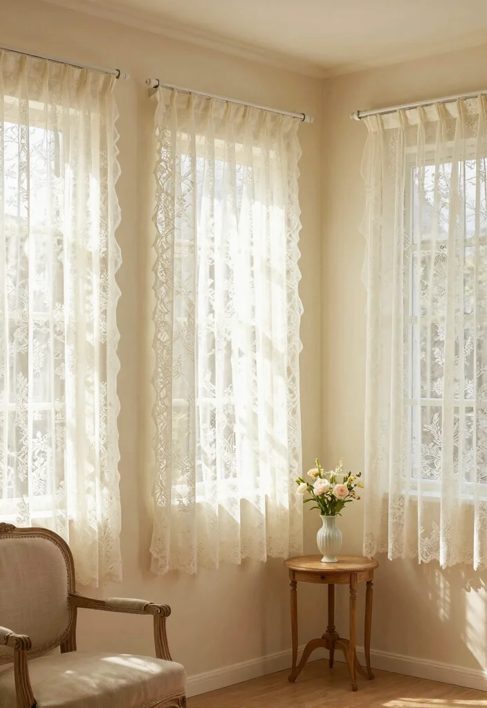 14 Three Window Curtain Ideas for Balanced and Stylish Symmetry 10. Vintage Charm with Lace 0
