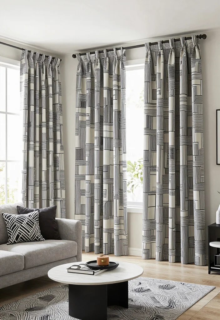 14 Three Window Curtain Ideas for Balanced and Stylish Symmetry 11. Geometric Designs 0