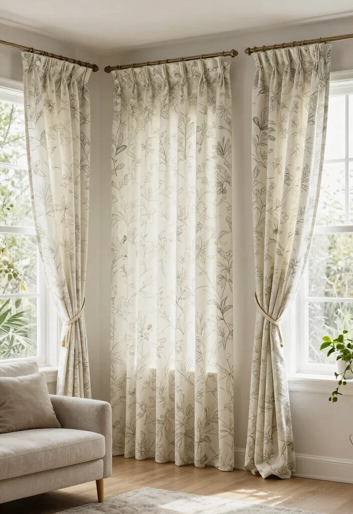 14 Three Window Curtain Ideas for Balanced and Stylish Symmetry 12. Nature Inspired Prints 0