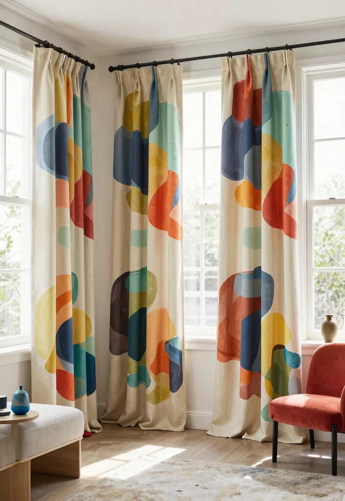 14 Three Window Curtain Ideas for Balanced and Stylish Symmetry 14. Artistic Fabric Designs 0