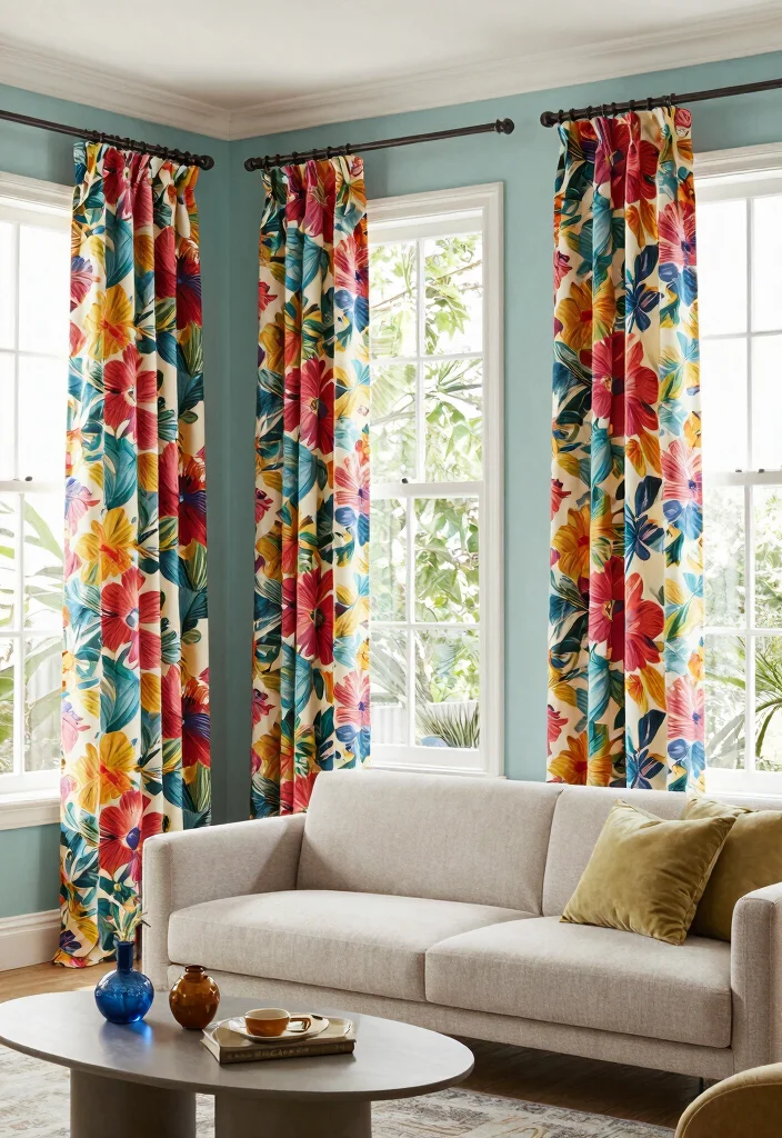 14 Three Window Curtain Ideas for Balanced and Stylish Symmetry 2. Bold Patterns for Drama 0