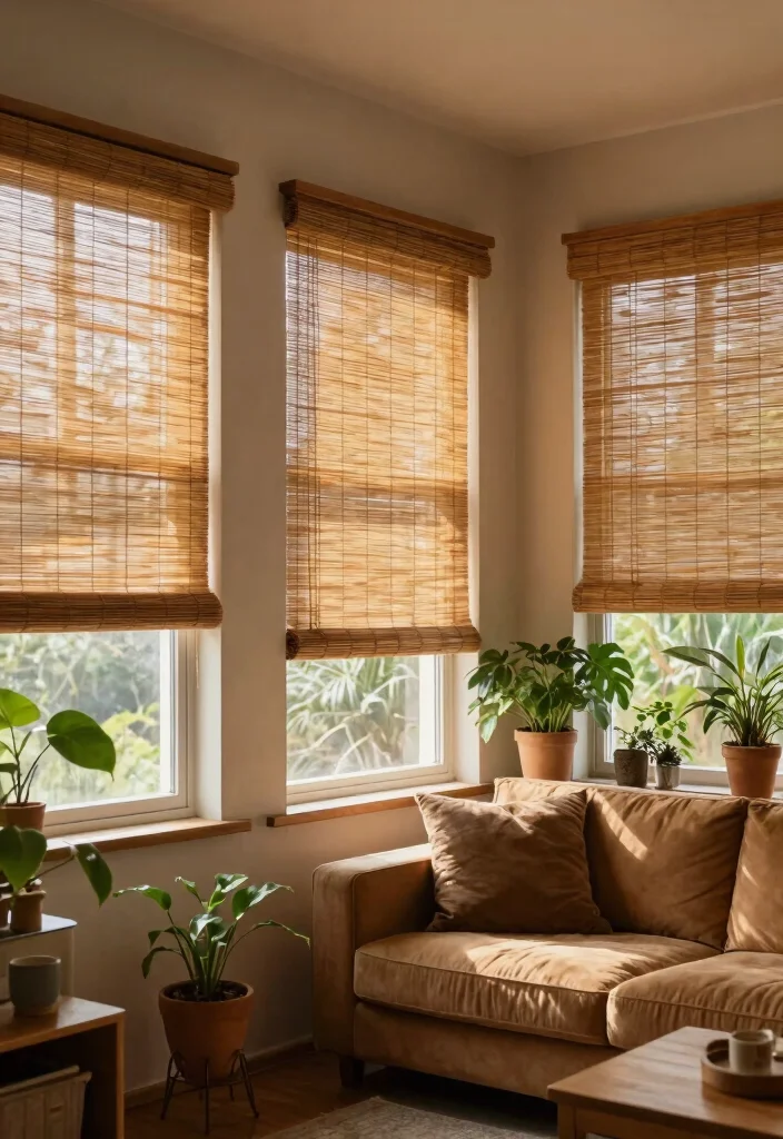 14 Three Window Curtain Ideas for Balanced and Stylish Symmetry 3. Natural Textures with Bamboo Blinds 0